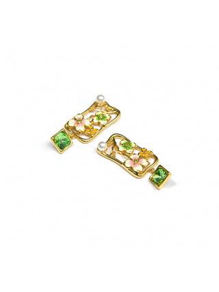 Rectangular Floral Enamel Pearl Earrings