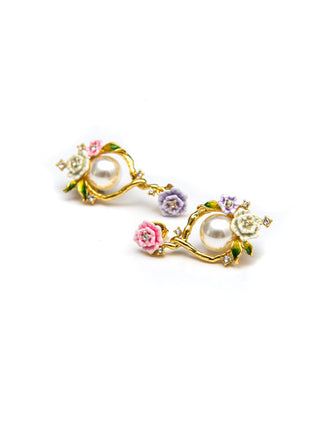 Flower Basket Pearl Enamel Earrings