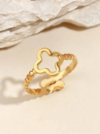 1pc Stainless Steel Fashionable Simple Creative Women's Golden Flower Clover Shape Open Ring, Suitable For Women's Daily Wear Or Gift Giving