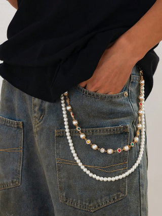 1pc Vintage Stylish Rhinestone & Faux Pearl Decorative Pants Chain, Charming Men's Hiphop Jewelry For Pants Decoration