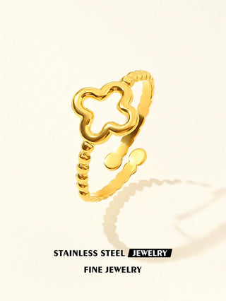 1pc Stainless Steel Fashionable Simple Creative Women's Golden Flower Clover Shape Open Ring, Suitable For Women's Daily Wear Or Gift Giving