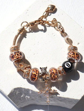 1pc Women's Adjustable Bracelet Set With Pool Ball, Star, Cross Charms, Leopard Print & Time Charms