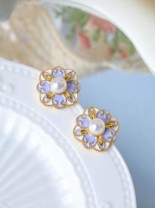 Four-Leaf Flower Enamel Diamond Earrings