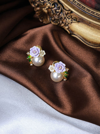 Small Flower Pearl Zircon Enamel Earrings