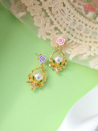 Flower Basket Pearl Enamel Earrings