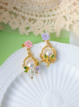 Flower Basket Pearl Enamel Earrings