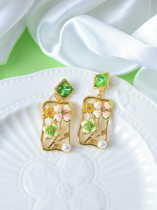 Rectangular Floral Enamel Pearl Earrings