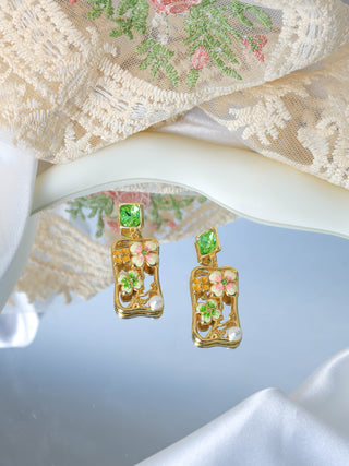 Rectangular Floral Enamel Pearl Earrings