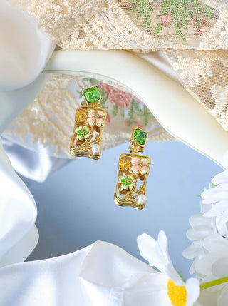 Rectangular Floral Enamel Pearl Earrings