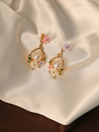 Flower Basket Pearl Enamel Earrings