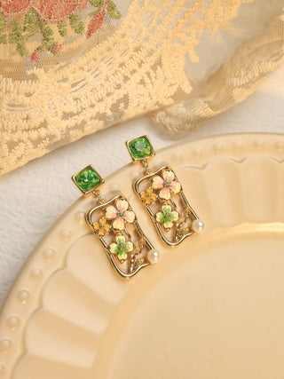 Rectangular Floral Enamel Pearl Earrings