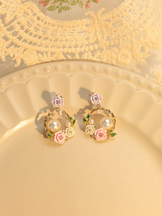 Flower Basket Pearl Zircon Earrings