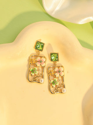 Rectangular Floral Enamel Pearl Earrings