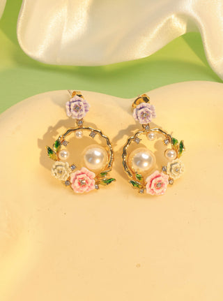 Flower Basket Pearl Zircon Earrings