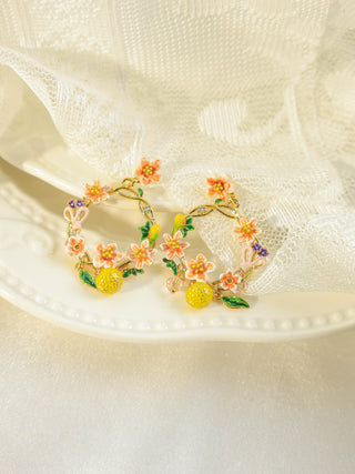 Peach Blossom and Kumquat Flower Basket Earrings