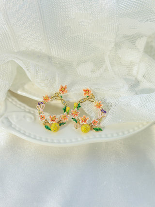 Peach Blossom and Kumquat Flower Basket Earrings