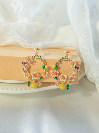 Peach Blossom and Kumquat Flower Basket Earrings