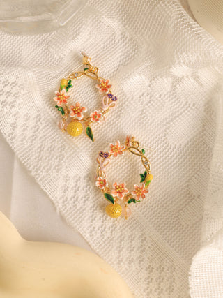 Peach Blossom and Kumquat Flower Basket Earrings