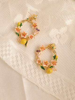 Peach Blossom and Kumquat Flower Basket Earrings