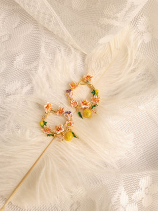 Peach Blossom and Kumquat Flower Basket Earrings