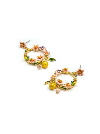 Peach Blossom and Kumquat Flower Basket Earrings