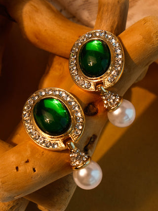 Green Crystal Zirconia Pearl Drop Earrings