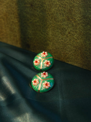 Pearl Flower Green Enamel Earrings