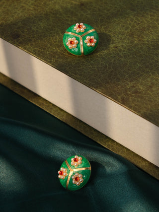 Pearl Flower Green Enamel Earrings