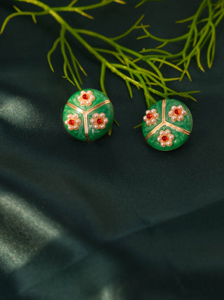 Pearl Flower Green Enamel Earrings